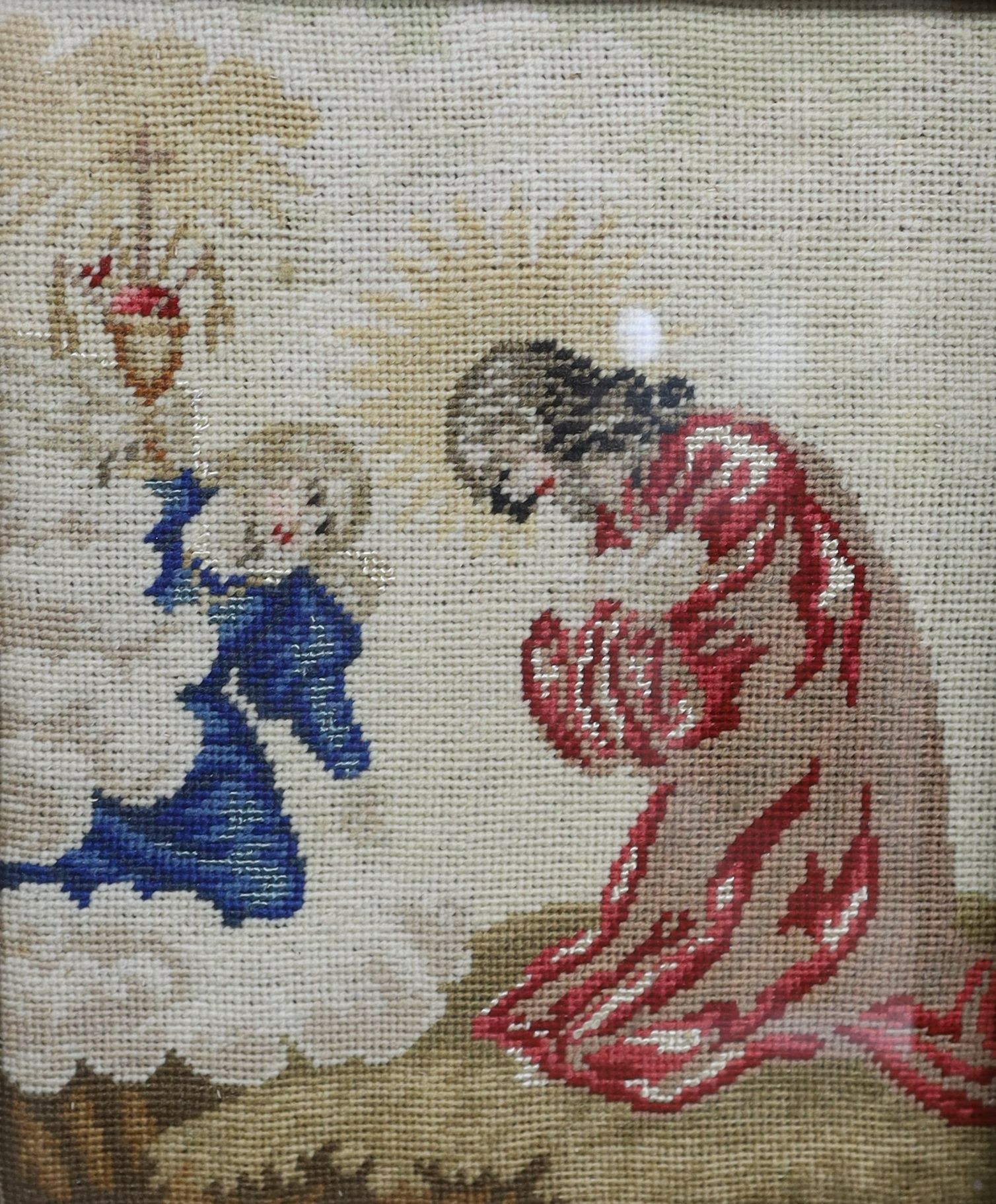A Victorian 'The Butterfly's Ball and the Grasshopper's Feast' printed handkerchief and two needlepoints, all in maple frames.